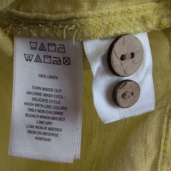 Signed Olsen Yellow Green Linen Roll Tab Sleeves Linen Shirt Size M - Picture 5 of 8